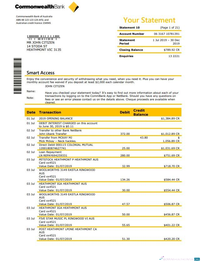 Download Australia Commonwealth bank statement word